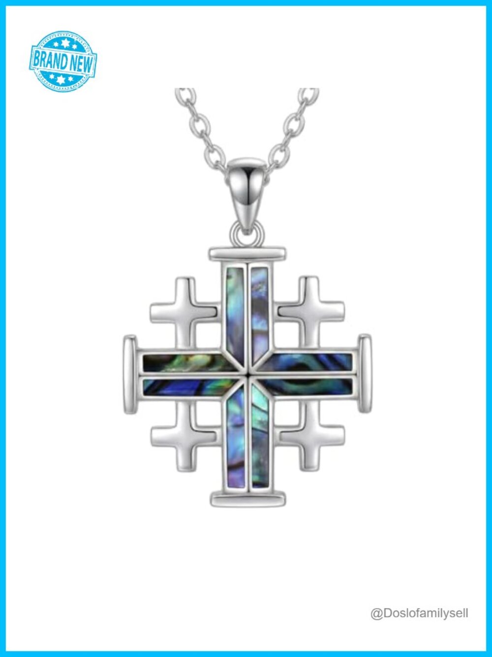 925 Sterling Silver Jerusalem Cross Necklace Abalone Pendant Religious